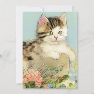 Reserve A Data Ilustração de Gato Vintage com Flores Rosa