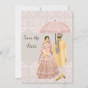 Reserve A Data Ilustração do Casal indiano com guarda-chuva rosa