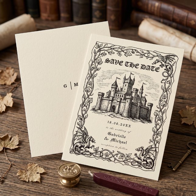 Reserve A Data Ilustração em Sépia de Castelo Medieval para Casam (Criador carregado)
