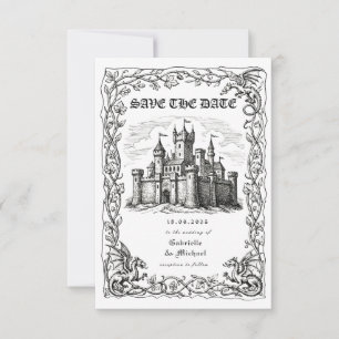 Reserve A Data Ilustração Preto e Branco de Castelo Medieval