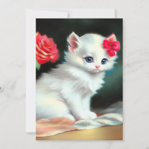 Reserve A Data Ilustração Vintage White Kitten com Flores Vermelh
