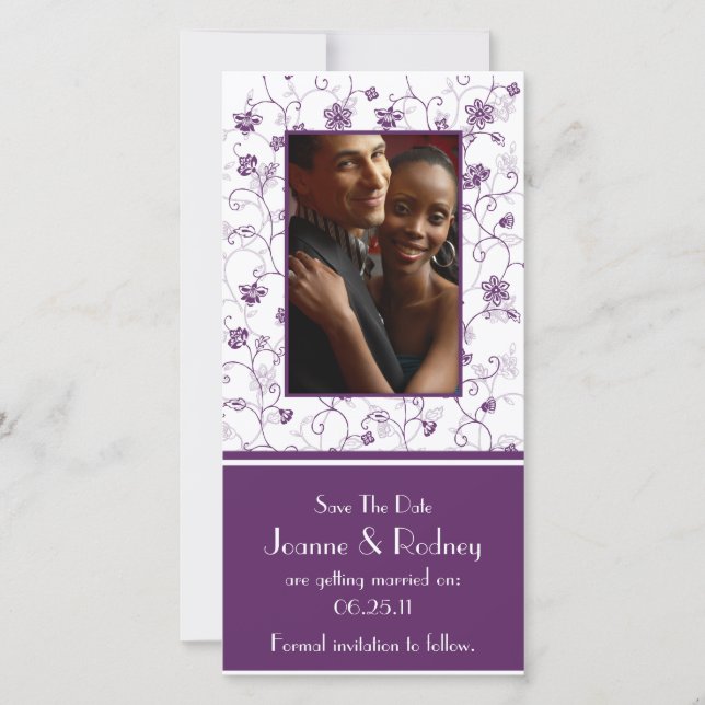 Reserve A Data Imagem Púrpura e Branca do Eggplant Salva a Data (Frente)