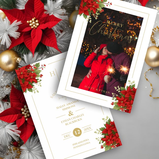 Reserve A Data Iniciais Chic Foto de Buquês de Natal Floral (Chic Initials Floral Christmas Bouquets Holidays Card as a Wedding Photo Save the Date Card.)