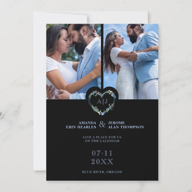 Reserve A Data Initials Floral Blue Heart 2 Photos on Black (Frente)