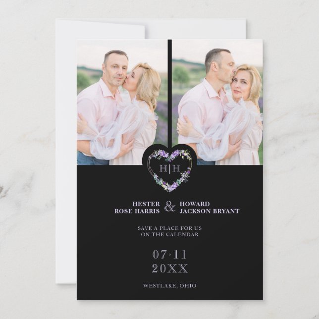 Reserve A Data Initials Floral Purple Heart 2 Photos on Black (Frente)