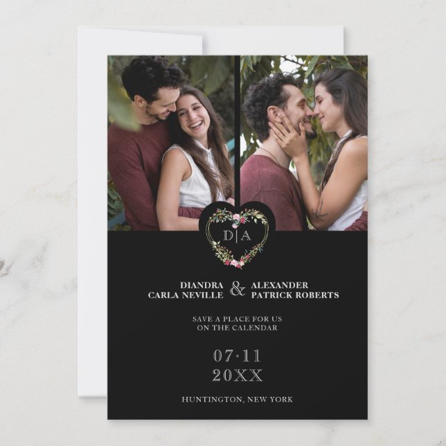 Reserve A Data Initials Floral Red Heart 2 Photos on Black (Frente)