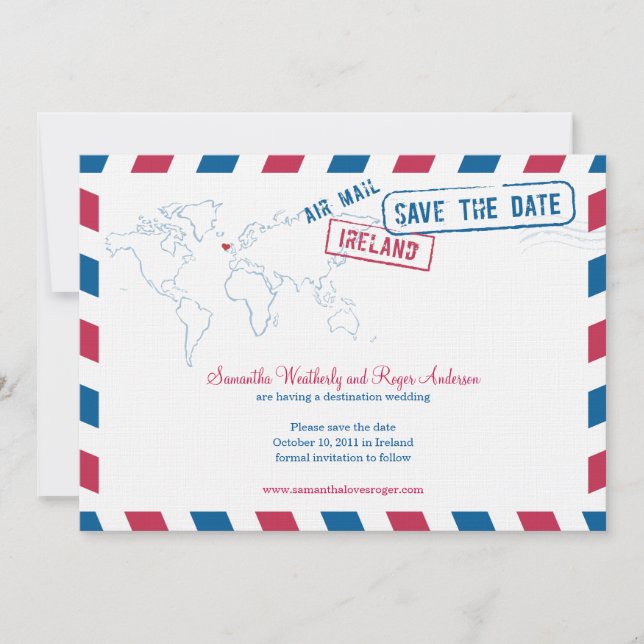 Reserve A Data Irlanda Air Mail Wedding Save The Date (Salvem A D (Frente)