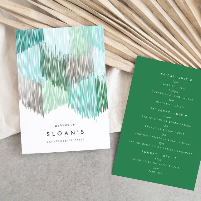 Reserve A Data Itinerário de Festa de Despedida de Solteira Green (Green modern fringe fiesta bachelorette party itinerary cards.)