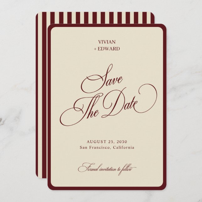 Reserve A Data Ivory & Burgundy Stripes Border Retro Wedding (Frente/Verso)