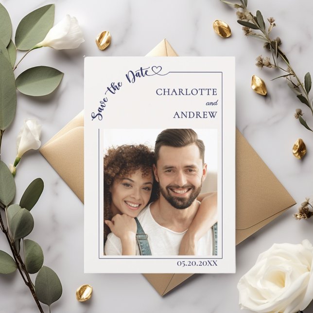 Reserve A Data Ivory e azul-marinho foto casamento Save the Date (Criador carregado)