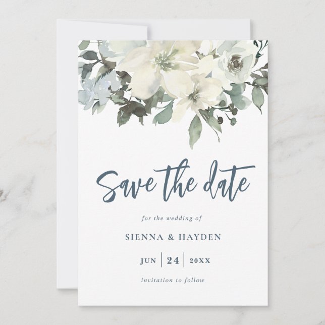 Reserve A Data Ivory Floral Marinho Blue Save the Date Card (Frente)