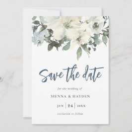 Reserve A Data Ivory Floral Marinho Blue Save the Date Card