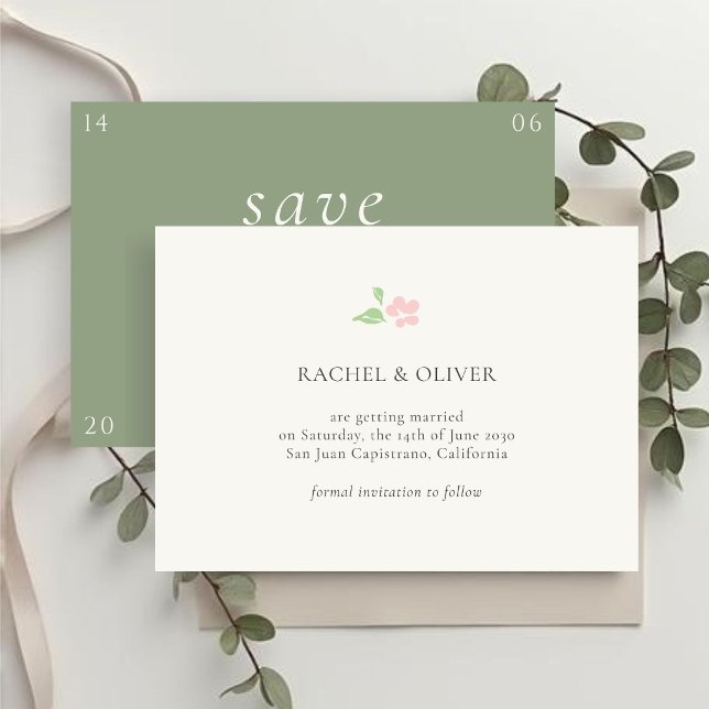 Reserve A Data Ivory & Green | Floral Rose Wedding Save The Date (Criador carregado)