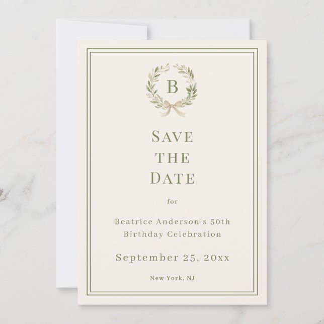 Reserve A Data Ivory green monogram wreath birthday save the date (Frente)