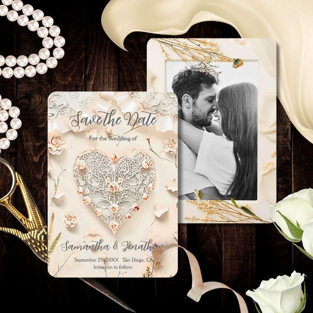 Reserve A Data Ivory Lace Heart Photo Floral Romantic Spring (Criador carregado)