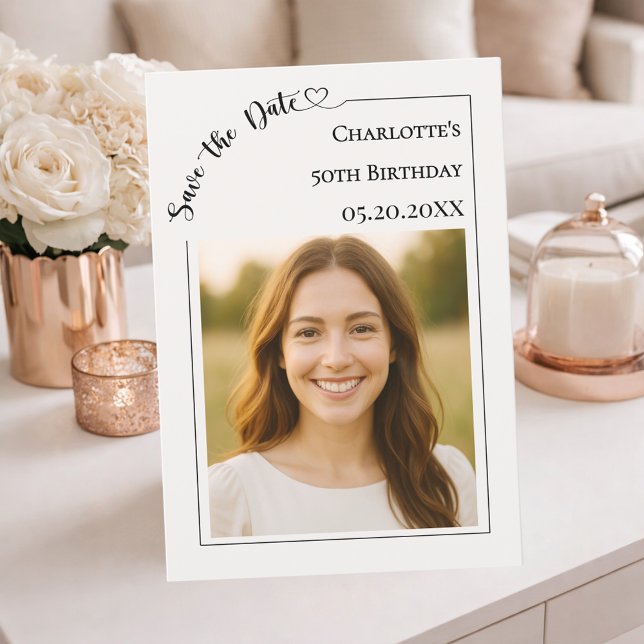 Reserve A Data Ivory simple modern photo Birthday Save the Date (Criador carregado)