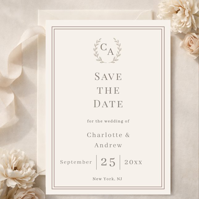 Reserve A Data Ivory taupe monogram wreath wedding (Criador carregado)