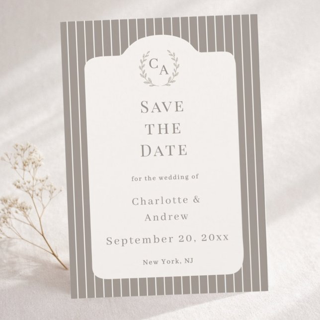 Reserve A Data Ivory Taupe Neutral Pinstriped Wedding  (Criador carregado)