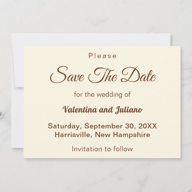 Reserve A Data Ivory With Brown Text Wedding Save The Date (Frente)