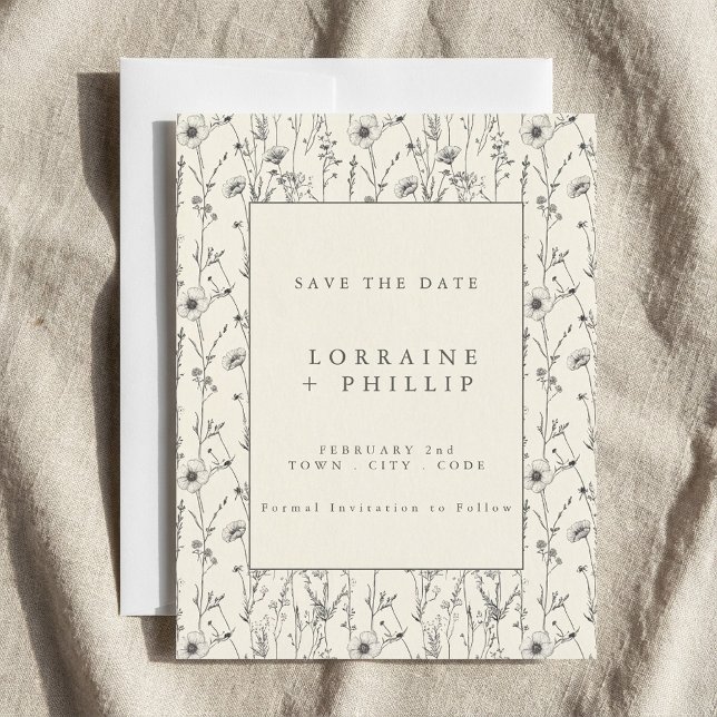 Reserve A Data Jardim de delicadas flores silvestres para casamen (Delicate wild flowers garden wedding save the date.)
