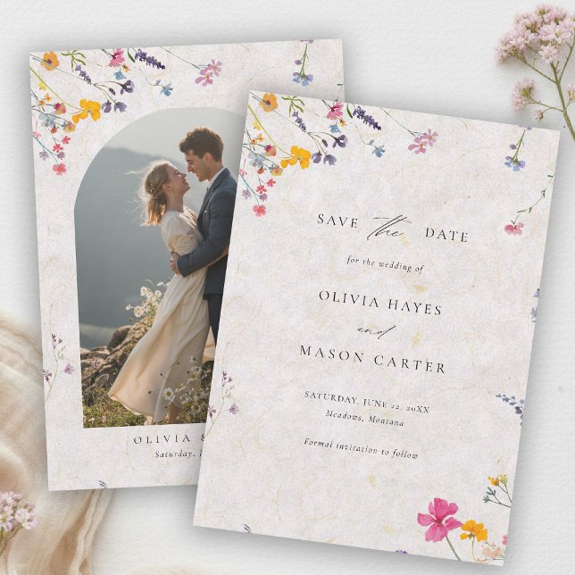 Reserve A Data Jardim de Flores Silvestres Moderno Rosa Foto Casa (wildflower wedding photo save the date watercolor garden backyard barn summer spring pink arch)