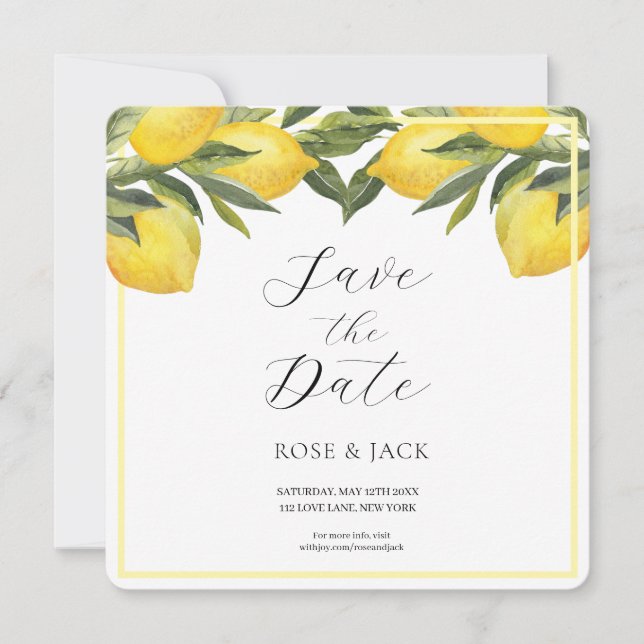Reserve A Data Jardim de Limão em Aquarela Casamento Branco (Frente)