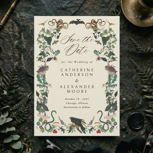 Reserve A Data Jardim Encantado Jardim Botânico Gótico Casamento (Dark romantic subtle gothic wedding save the date card with vintage plants and animals frame)