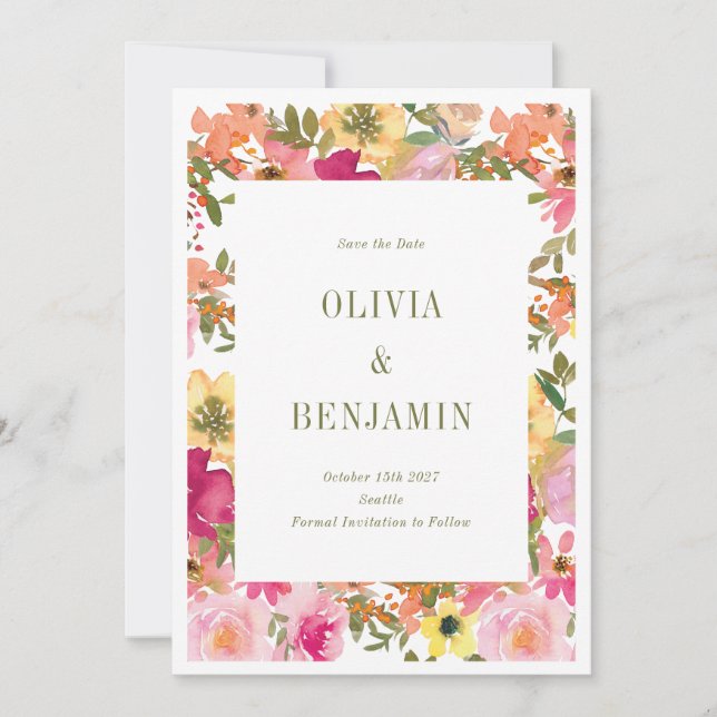 Reserve A Data Jardim Floral Vibrante em Aquarela Foto Primavera (Frente)