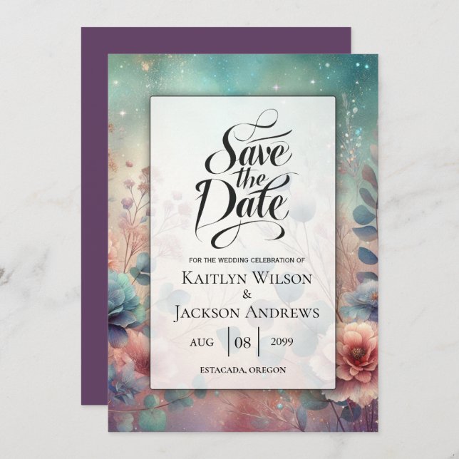 Reserve A Data Jardim Secreto em Casamento Brilhante à Noite (Frente/Verso)