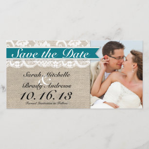 Reserve A Data Lace & Burlap Look Save Date - Turquoise