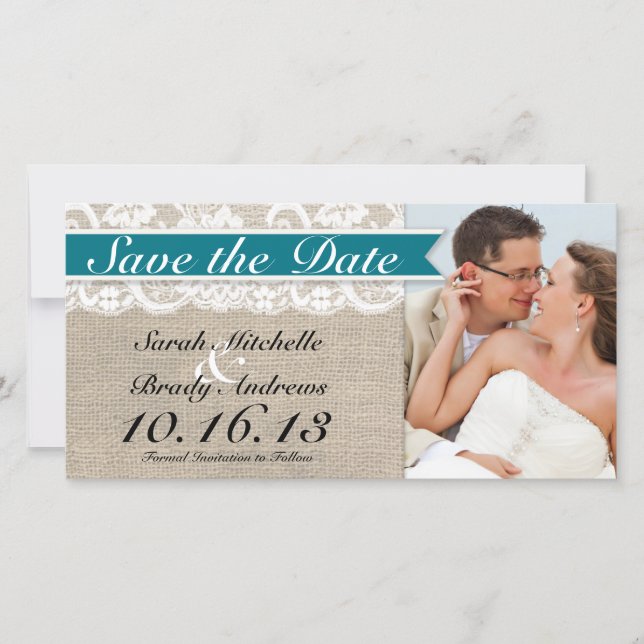 Reserve A Data Lace & Burlap Look Save Date - Turquoise (Frente)
