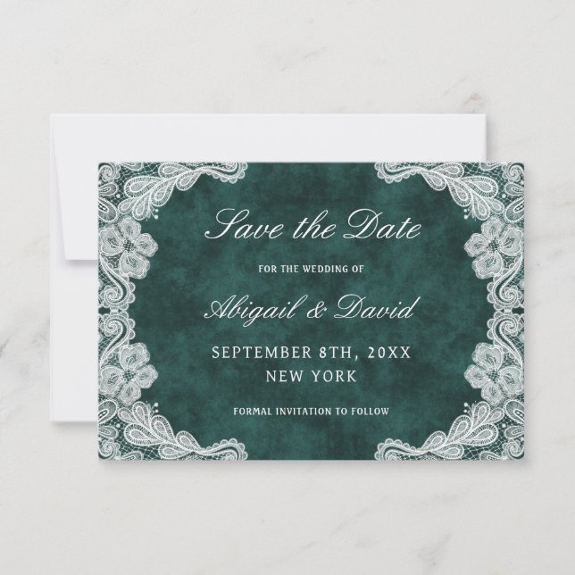 Reserve A Data Lace Emerald Green Velvet Casamento Salve A Data (Frente)
