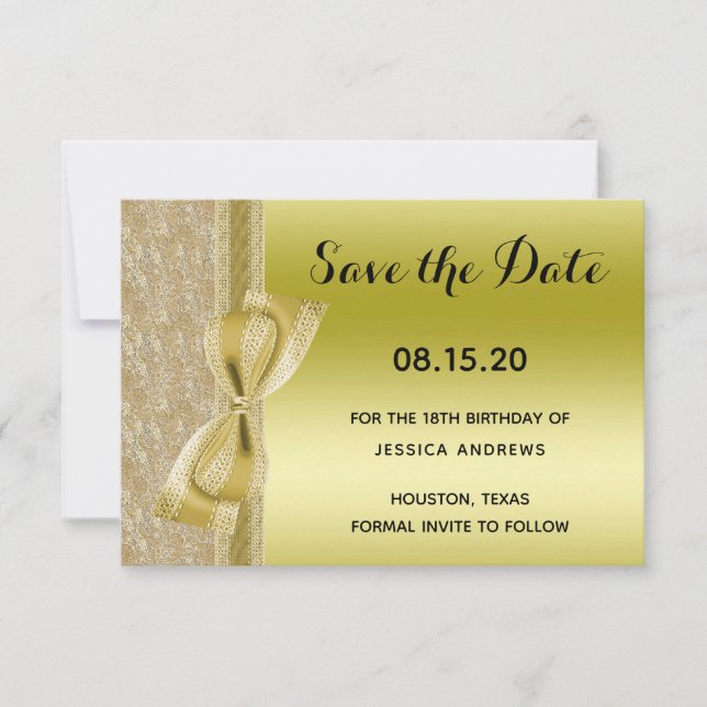 Reserve A Data Lace Ribbon & Bow Gold Glitter Sequin 18th (Frente)