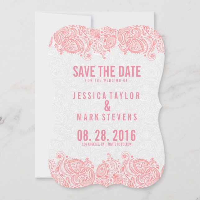 Reserve A Data Lace Rosa E Damascos Brancos Guardem A Data (Frente)