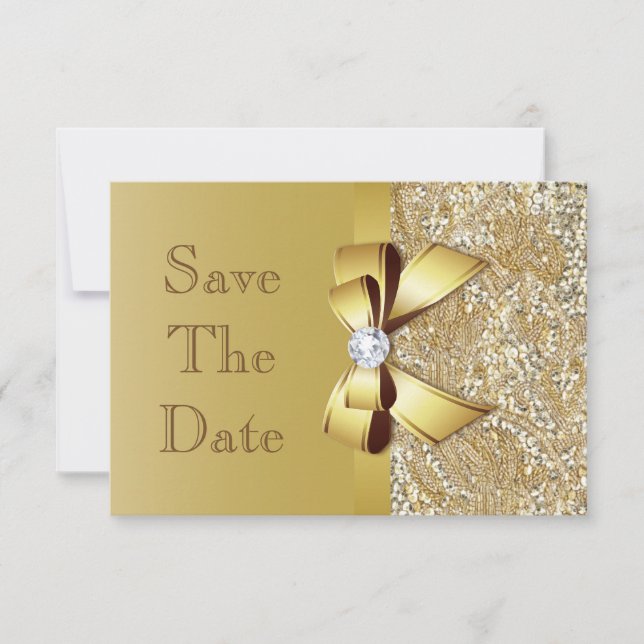 Reserve A Data Lantejoulas e Laço de Falso Ouro Casamento Save Th (Frente)