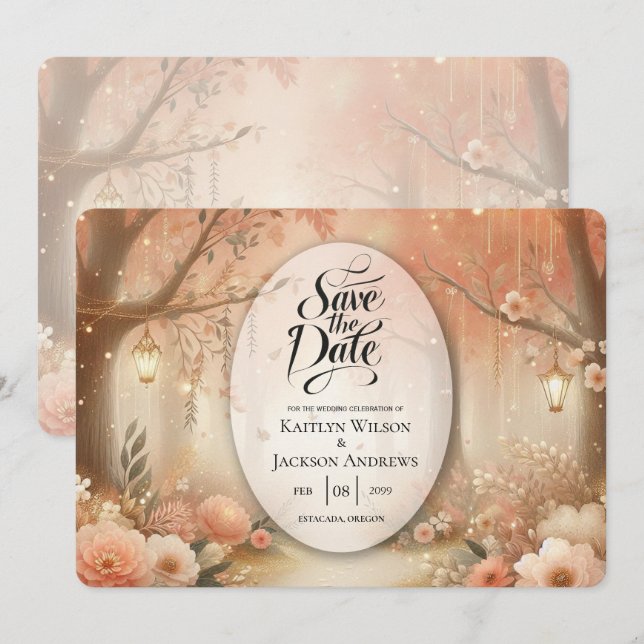 Reserve A Data Lanterna de Casamento Floresta Encantada Rosa Pêss (Frente/Verso)