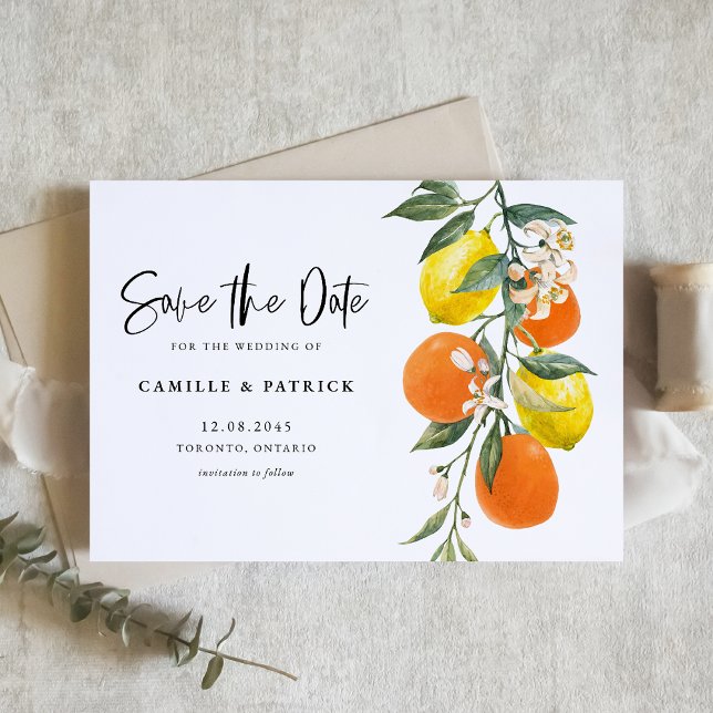 Reserve A Data Laranja Botânica e Limão Garland (Botanical Orange and Lemon Garland Save the Date Announcement Card)