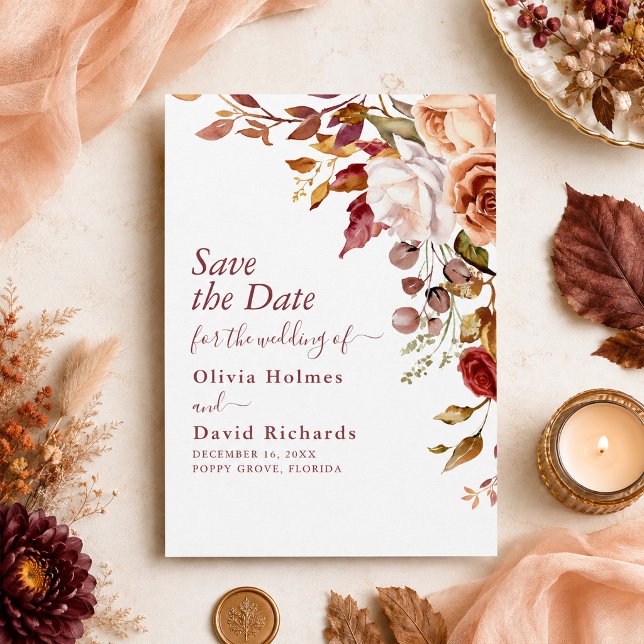 Reserve A Data Laranja Queimada e Pêssego Floral de Outono Save t (Burnt Orange & Peach Fall Floral Save the Date)