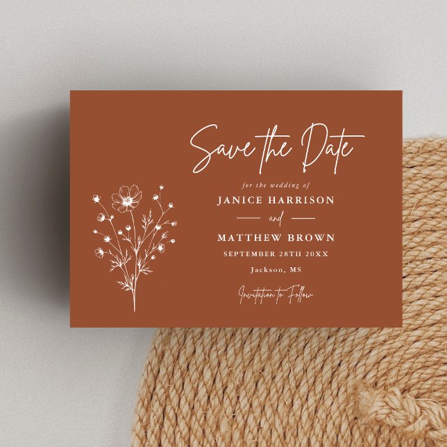 Reserve A Data Laranja Queimada Rústica Foto de Casamento Boho El (Rustic burnt orange boho elegant photo save the date announces your day with warm personalized charm)