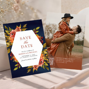 Reserve A Data Laranja Queimado Floral Outono Casamento Azul Nava