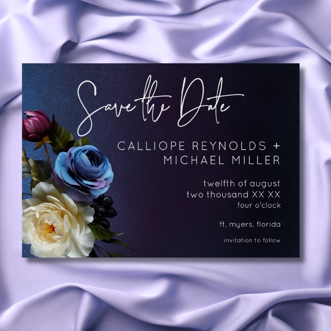 Reserve A Data Lavanda Azul Escuro Casamento Moderno Floral Moder (Dark Moody Blue Lavender Floral Modern Wedding Save The Date)