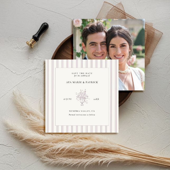 Reserve A Data Lavanda Estate Stripes Floral Vase Foto Casamento (elegant wedding save the date photo template chateau estate garden destination lavender stripes)