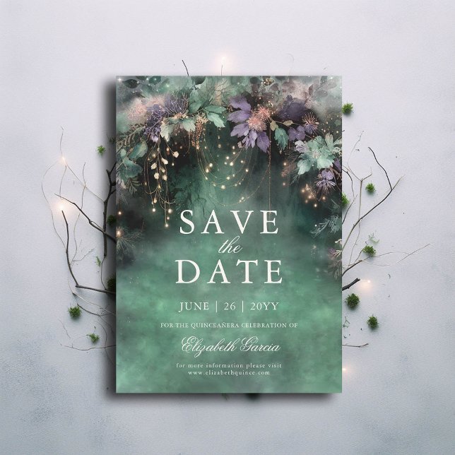 Reserve A Data Lavanda Florestal Encantada Quinceanera Fairy Tale (enchanted forest quinceanera save the date fairy tale emerald green lavender purple pink elegant)