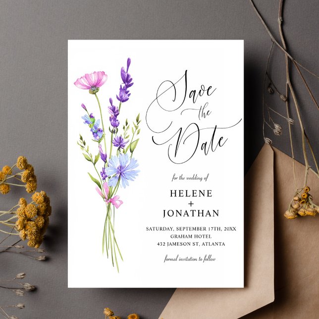 Reserve A Data Lavanda Jardim de Flores Selvagem Boho Elegante Ca (Lavender Wildflower Garden Boho Elegant Wedding Save The Date)