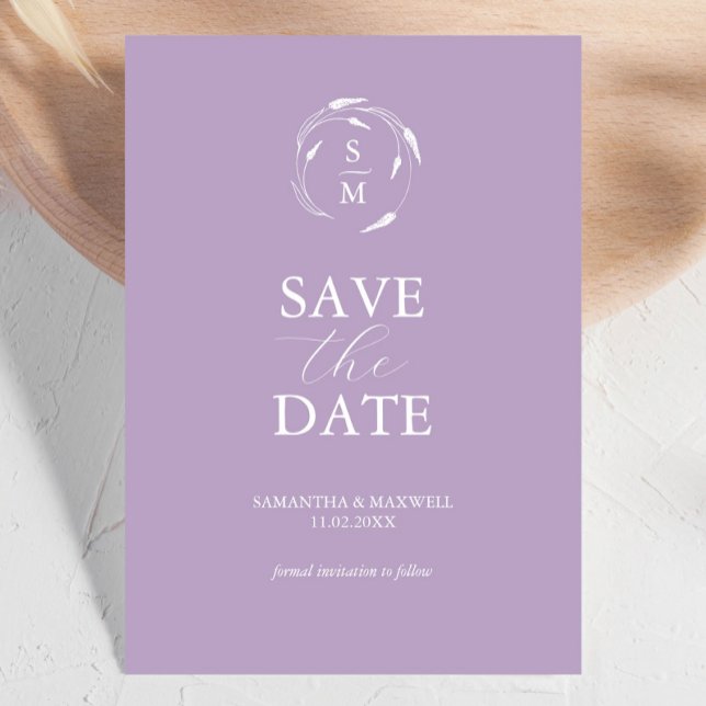 Reserve A Data Lavanda Moderna Salvar a Data (Lavender wedding invitations monogrammed save the date unique line art by Victoria Grigaliunas)