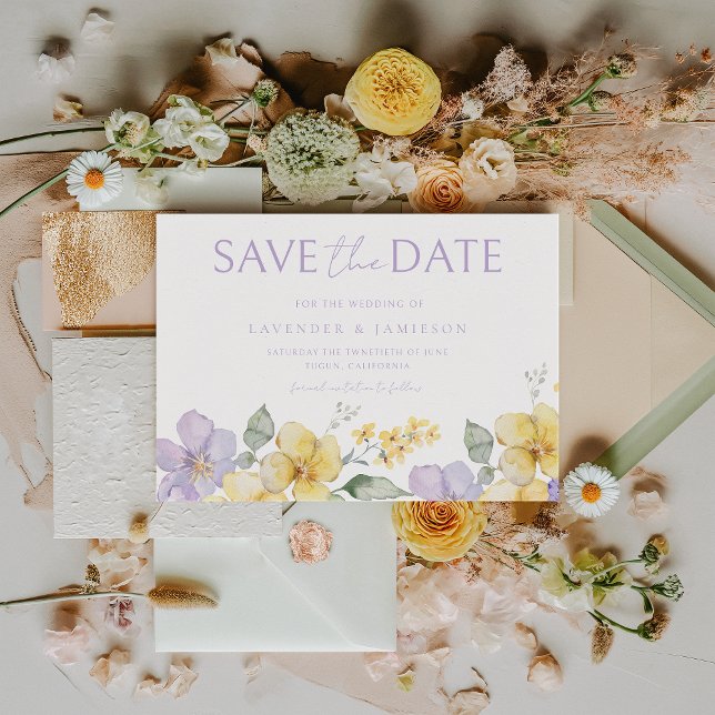 Reserve A Data Lavanda Roxa e Casamento Floral Amarelo (Criador carregado)