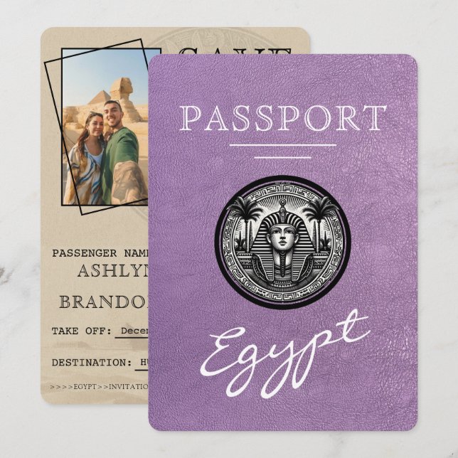 Reserve A Data Lavender Egypt Passport Wedding Save the Date (Frente/Verso)