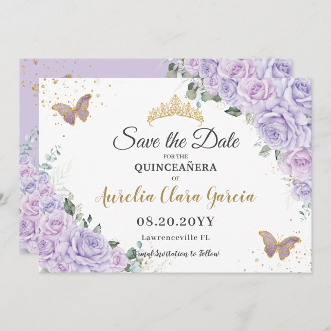 Reserve A Data Lavender Lilac Floral Quinceañera 15 Save the Date (Frente/Verso)