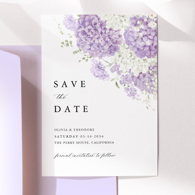 Reserve A Data Lavender Lilac White Floral Wedding (Lavender white hydrangea save the date wedding card with lilac floral, elegant wedding stationery)