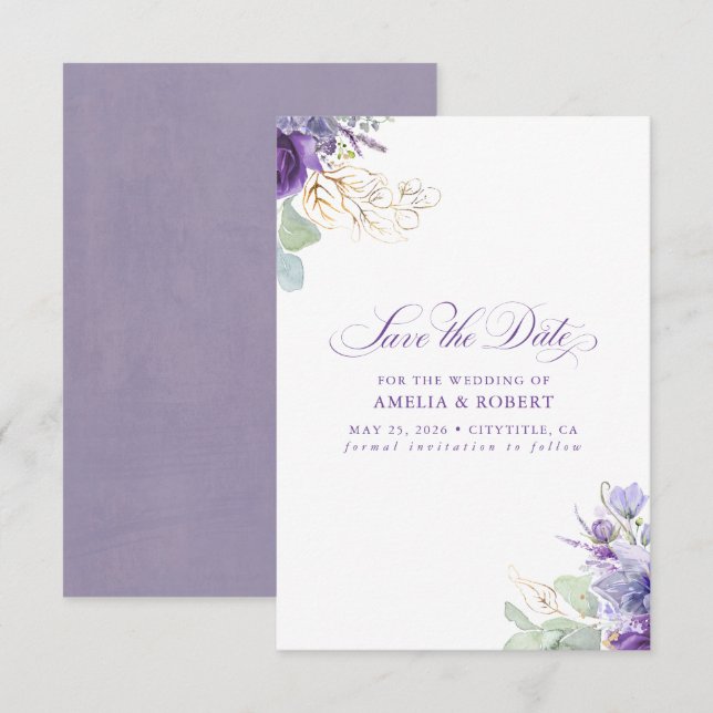 Reserve A Data Lavender Purple Botanical Elegant Save the Date (Frente/Verso)